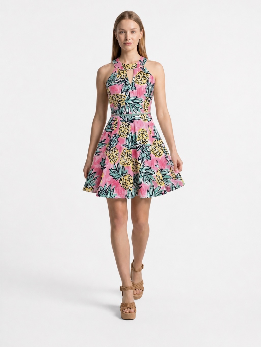 Draper James Pink Pineapple Halter Fit & Flare Dress Size 12